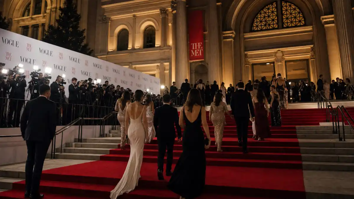 Met Gala 2026 guest list — Metropolitan Museum steps with red carpet and Vogue press wall on May 4, 2026