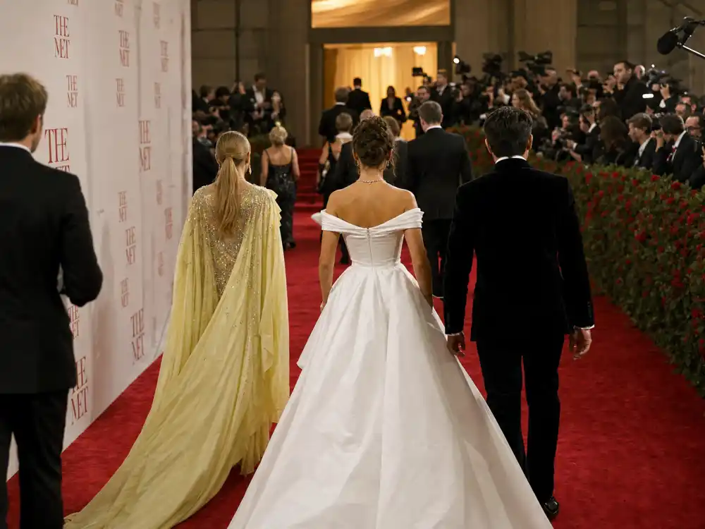 Met Gala red carpet at Metropolitan Museum entrance with step-and-repeat backdrop and anonymous figures from behind defining Met Gala best dressed all time arrival moments