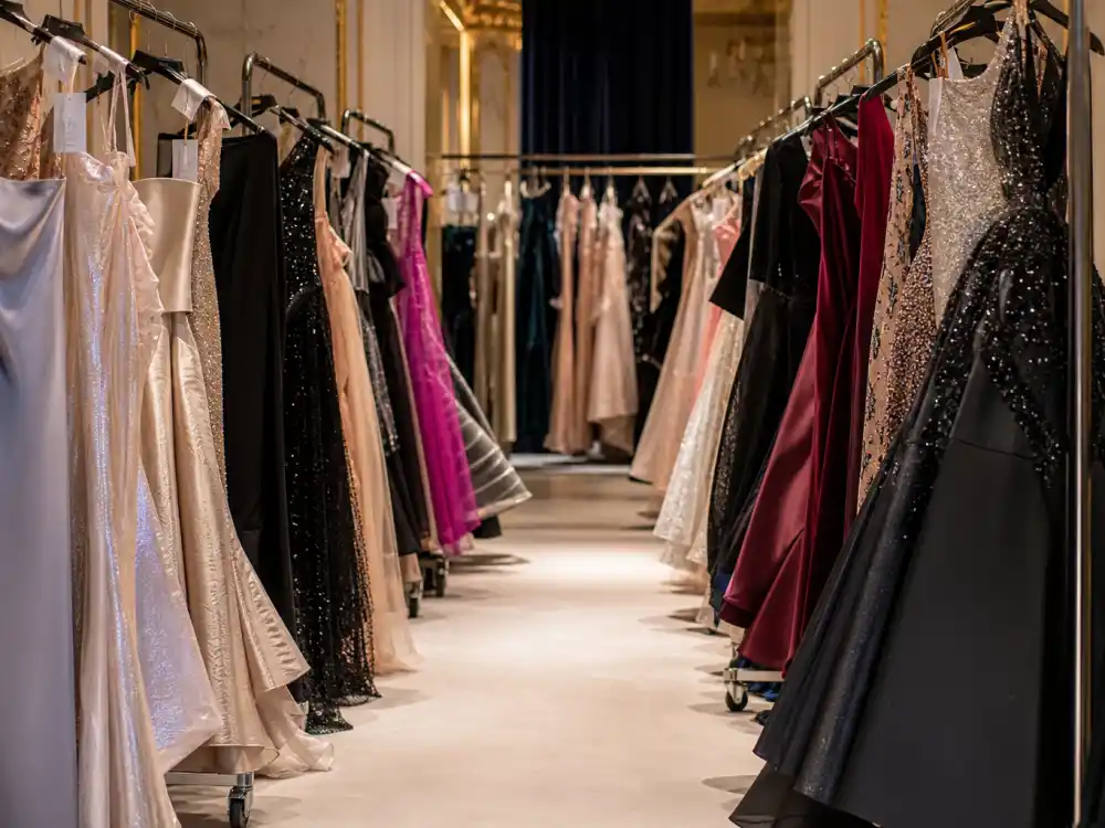 Haute couture evening gowns on rolling racks in designer showroom aisle showing luxury construction behind Met Gala celebrity fashion 2026 atelier preparation