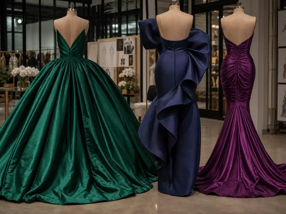 Three evening gown silhouettes on dress forms from behind showing ballgown column and mermaid shapes defining Met Gala celebrity fashion 2026 proportion codes