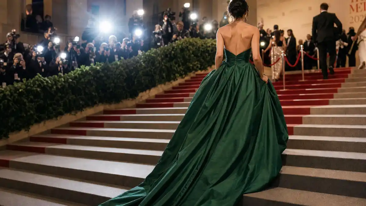 Met Gala celebrity fashion 2026 — anonymous woman from behind in emerald green couture ballgown ascending Metropolitan Museum grand staircase with paparazzi flash and red carpet runner