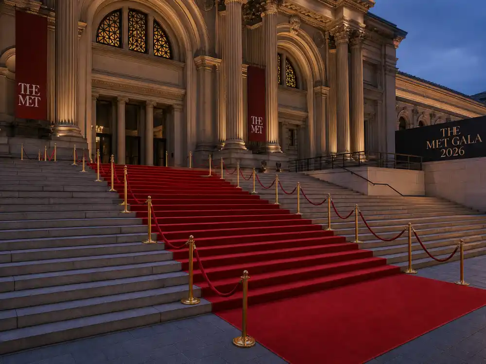 Metropolitan Museum grand staircase with red carpet runner and velvet rope stanchions ready for Met Gala celebrity fashion 2026 arrivals at dusk