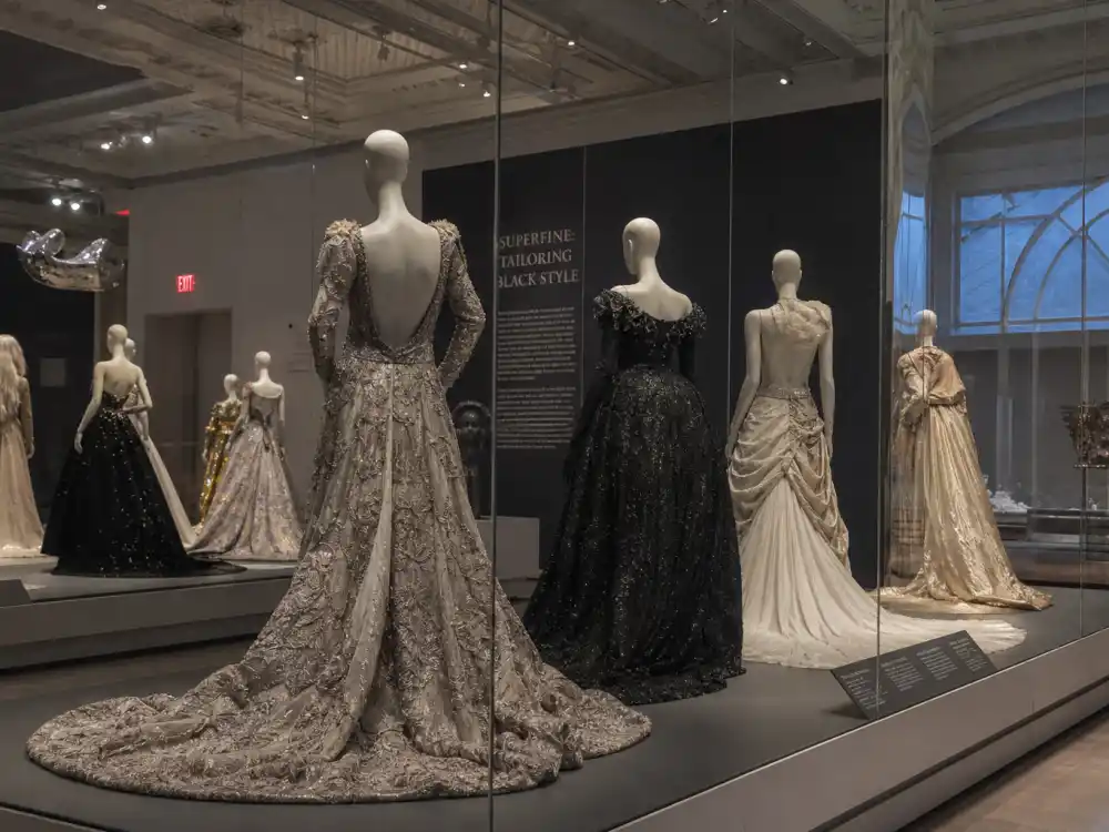 Costume Institute exhibition gallery with formal gowns on mannequins behind glass illustrating the annual Met Gala celebrity fashion 2026 theme and museum context