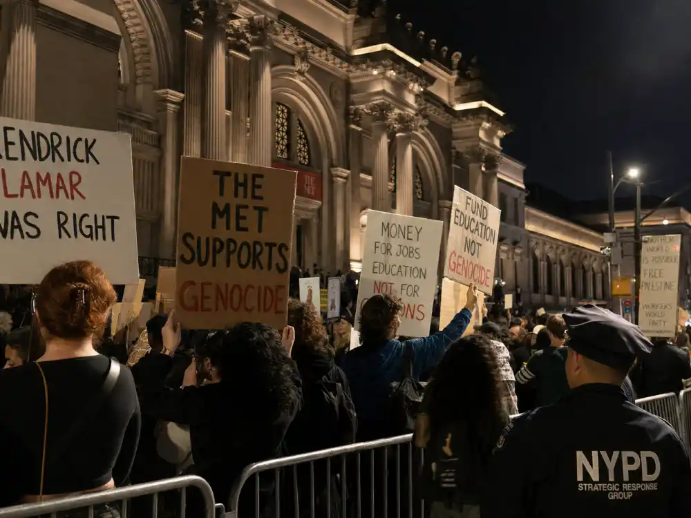 Protesters outside the Met Gala — among the Met Gala most controversial moments ever are demonstrations on Fifth Avenue each first Monday in May