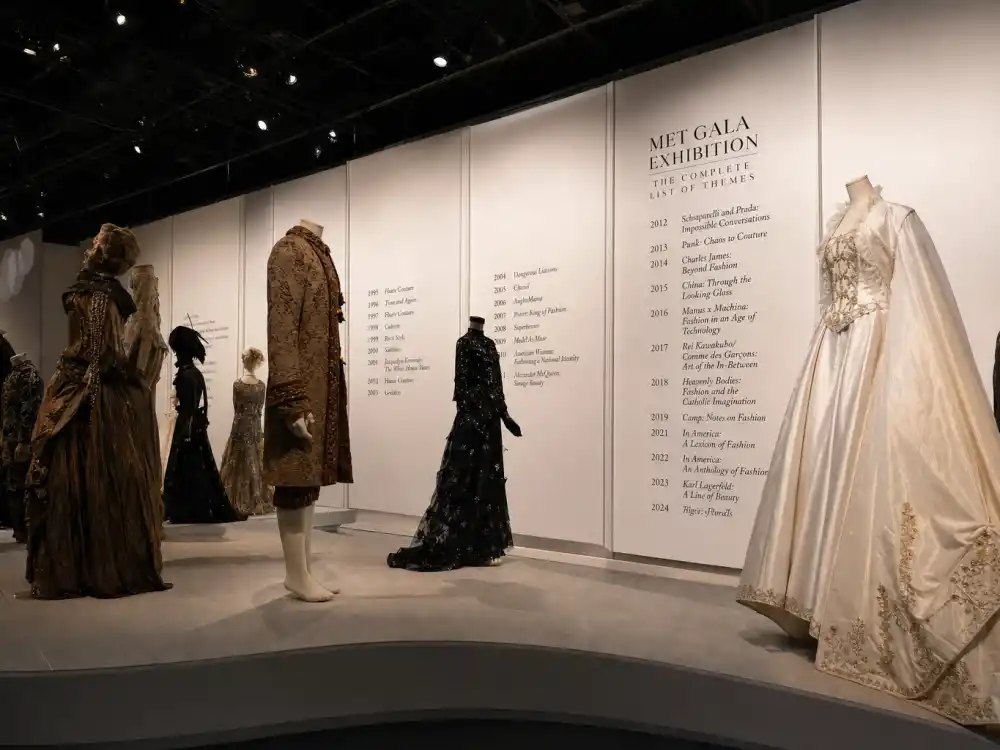 Themed fashion mannequin displays behind the Met Gala themes by year complete list from Savage Beauty to Costume Art