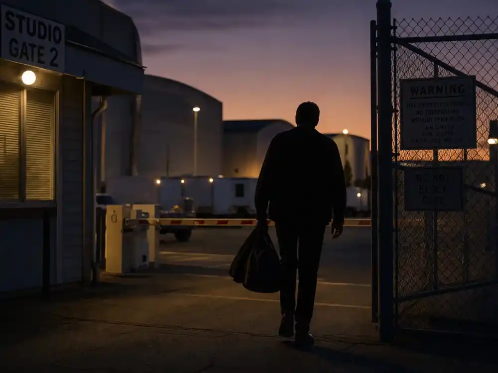 Silhouette leaving a film studio gate for Michael Oliver decision to quit acting at age fifteen