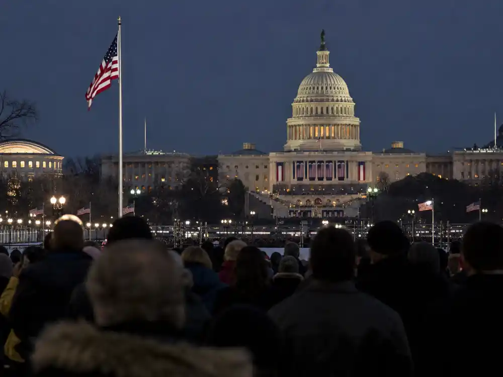 Washington DC Capitol lit at dusk on January 2009 inauguration night when the Michelle Obama Jason Wu inaugural gown debuted at the balls