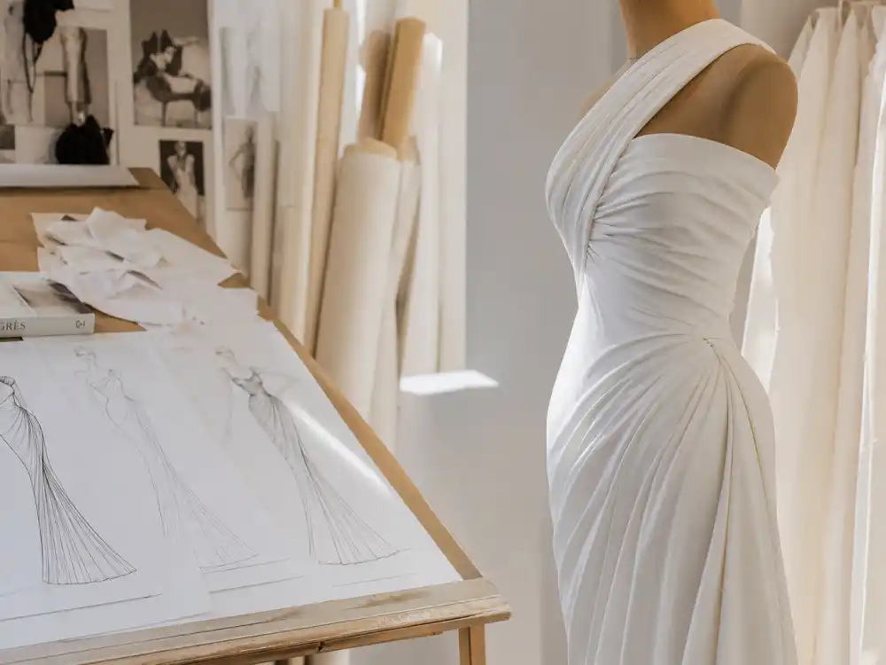 Jason Wu atelier sketches and ivory chiffon swatches behind the Michelle Obama Jason Wu inaugural gown couture design process