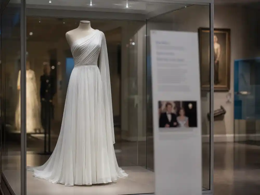Fashion museum exhibition preserving the Michelle Obama Jason Wu inaugural gown legacy — white one-shoulder chiffon on gallery mannequin behind glass