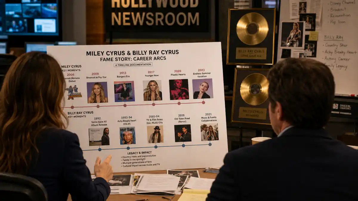 Miley Cyrus Billy Ray Cyrus fame story — Hollywood newsroom fame timeline chart with career arcs and gold records without identifiable faces