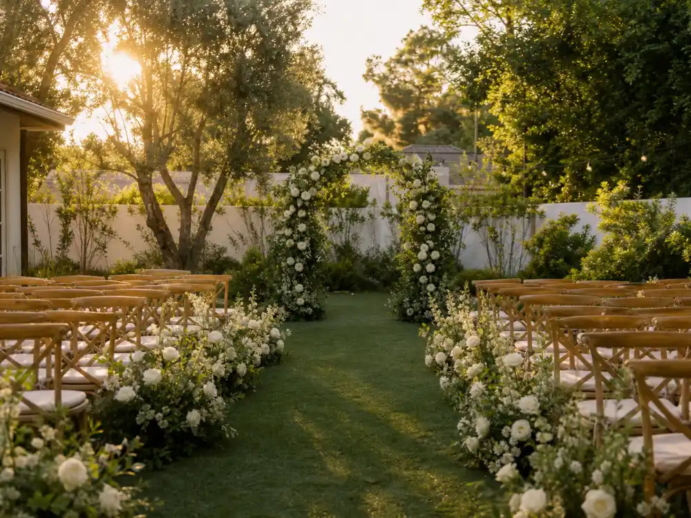 Intimate Brentwood garden wedding ceremony setting with white roses and greenery where Miranda Kerr wedding dress Maria Grazia Chiuri made its May 2017 debut