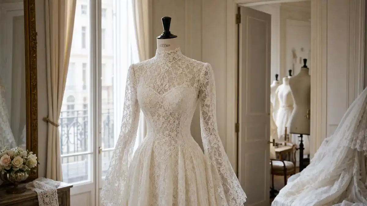 Miranda Kerr wedding dress Maria Grazia Chiuri — ivory high-neck lace Dior couture gown with bell sleeves on mannequin in Paris atelier with soft window light