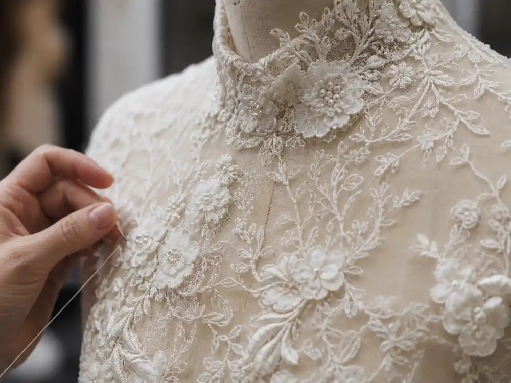 Delicate floral Chantilly lace appliqué and hand-stitching detail central to Miranda Kerr wedding dress Maria Grazia Chiuri Dior couture bodice construction