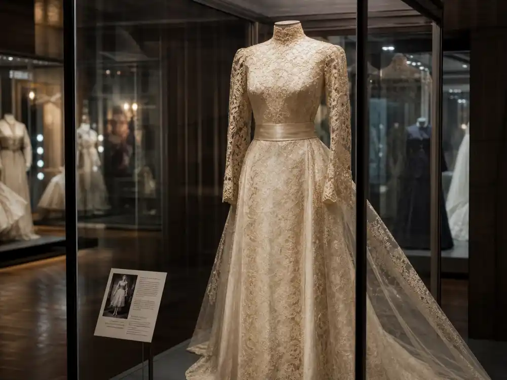 Fashion museum glass case preserving Miranda Kerr wedding dress Maria Grazia Chiuri legacy as modest couture bridal fashion history landmark