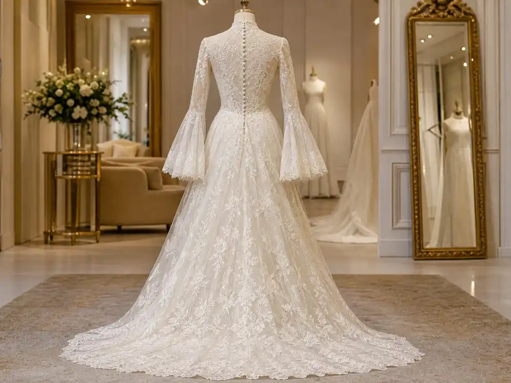 Modest lace train and bell sleeves on Miranda Kerr wedding dress Maria Grazia Chiuri ivory Dior gown viewed from behind in luxury bridal salon