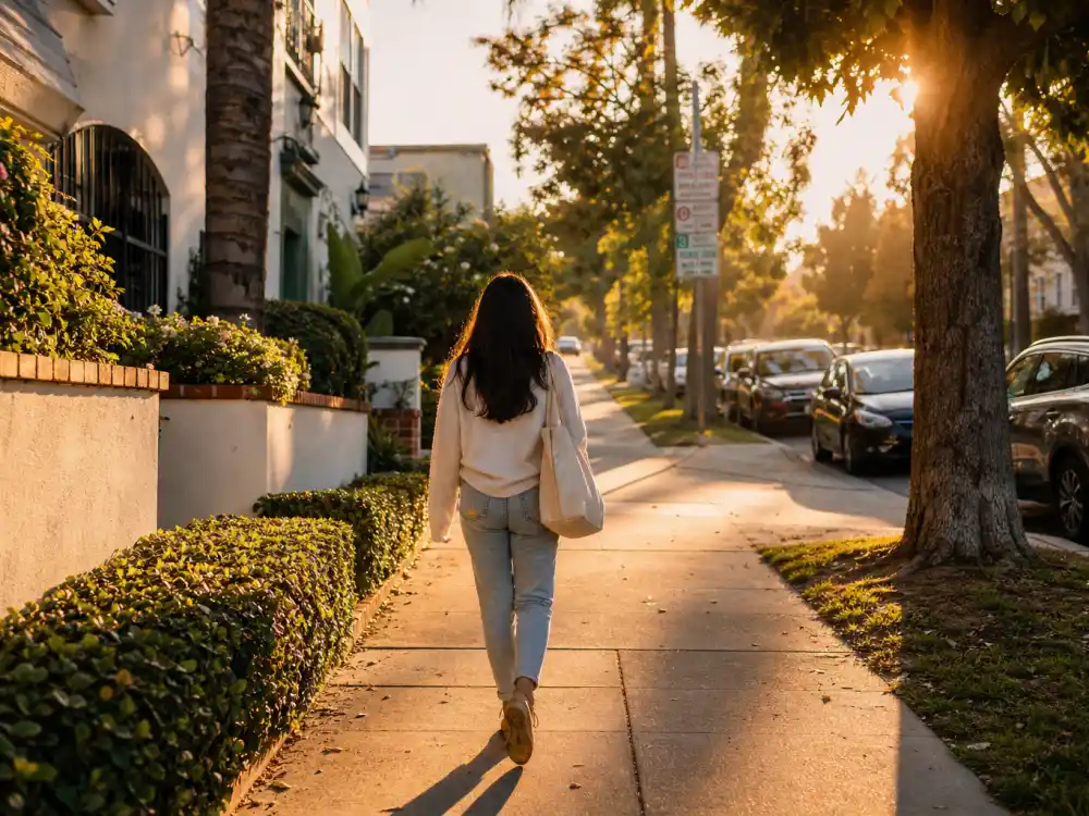 Anonymous woman walking a sunlit Los Angeles street, representing where Mischa Barton is now in 2026