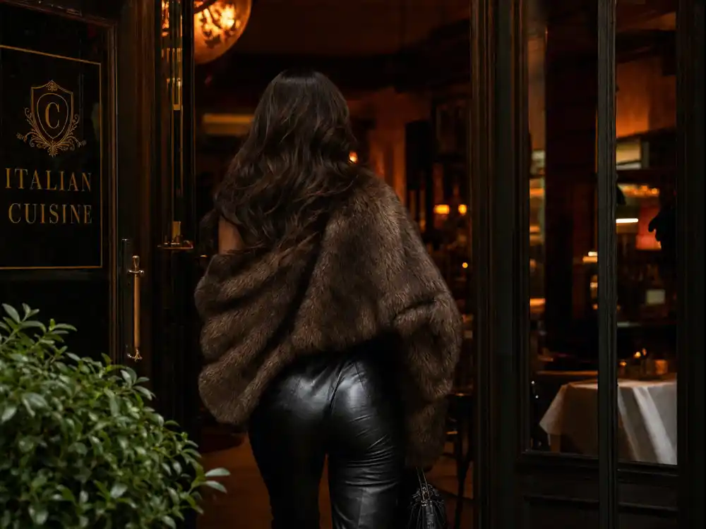 Anonymous woman from behind in fur stole and leather pants entering upscale restaurant capturing mob wife aesthetic celebrities nightlife glamour silhouette