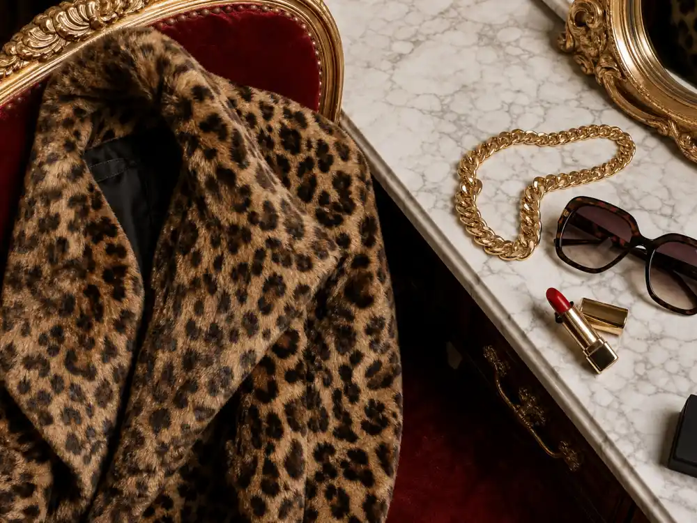 Leopard print coat draped on velvet chair with gold chain necklace and oversized sunglasses defining mob wife aesthetic celebrities fur coat styling codes