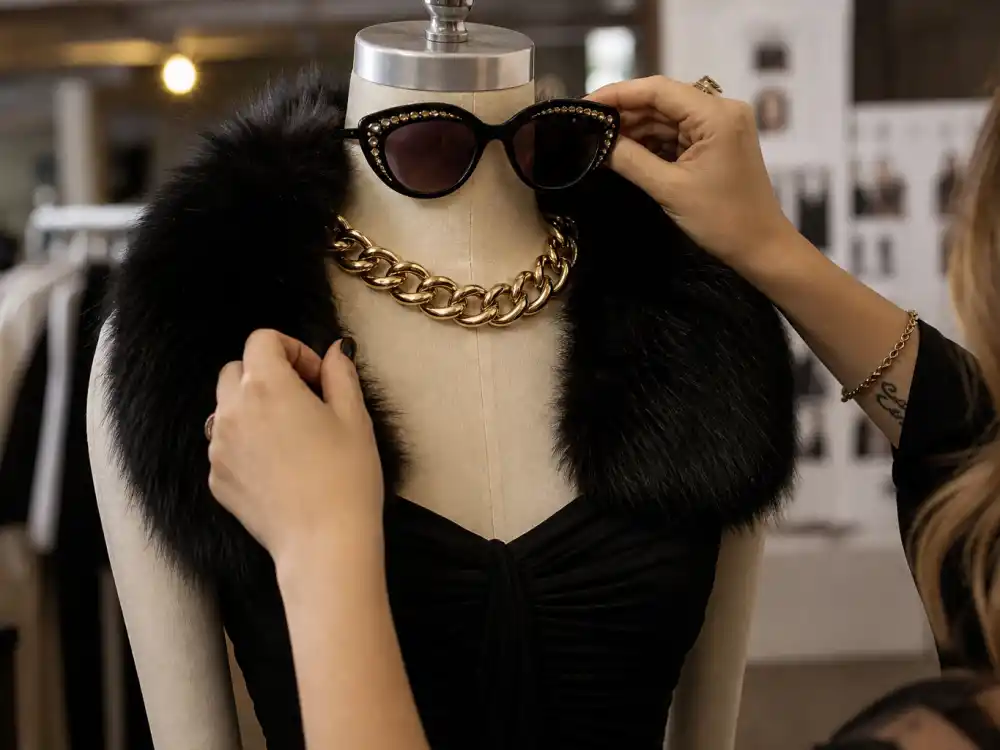 Stylist adjusting oversized sunglasses and gold chain on fur collar backstage showing prep pipeline for mob wife aesthetic celebrities premiere and paparazzi frames