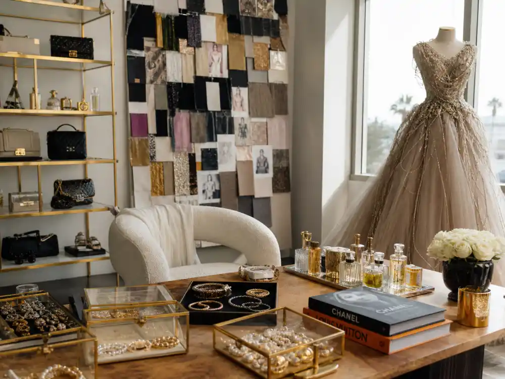 High-end fashion stylist studio with jewelry and handbag displays where Molly Dickson celebrity stylist clients source couture fittings and campaign wardrobes