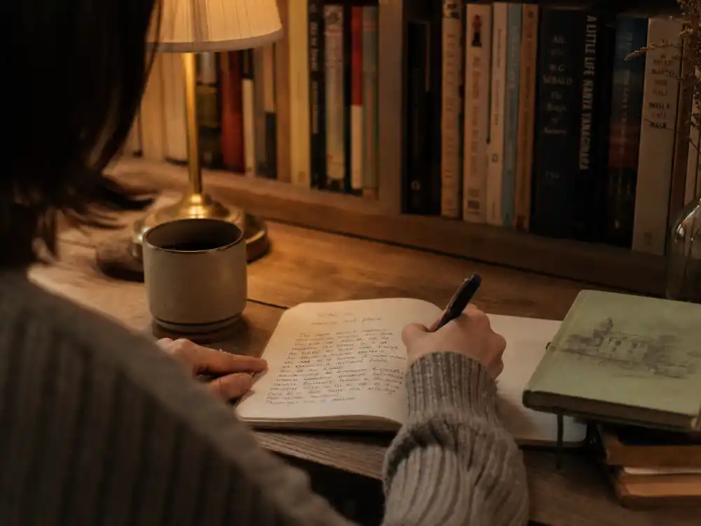 Hands writing at a desk with bookshelves for Molly Ringwald author and essayist career now
