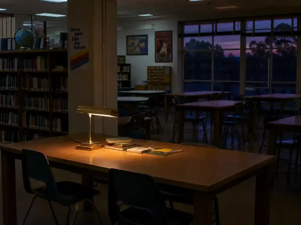 An empty high school library study hall for Molly Ringwald Breakfast Club Brat Pack peak
