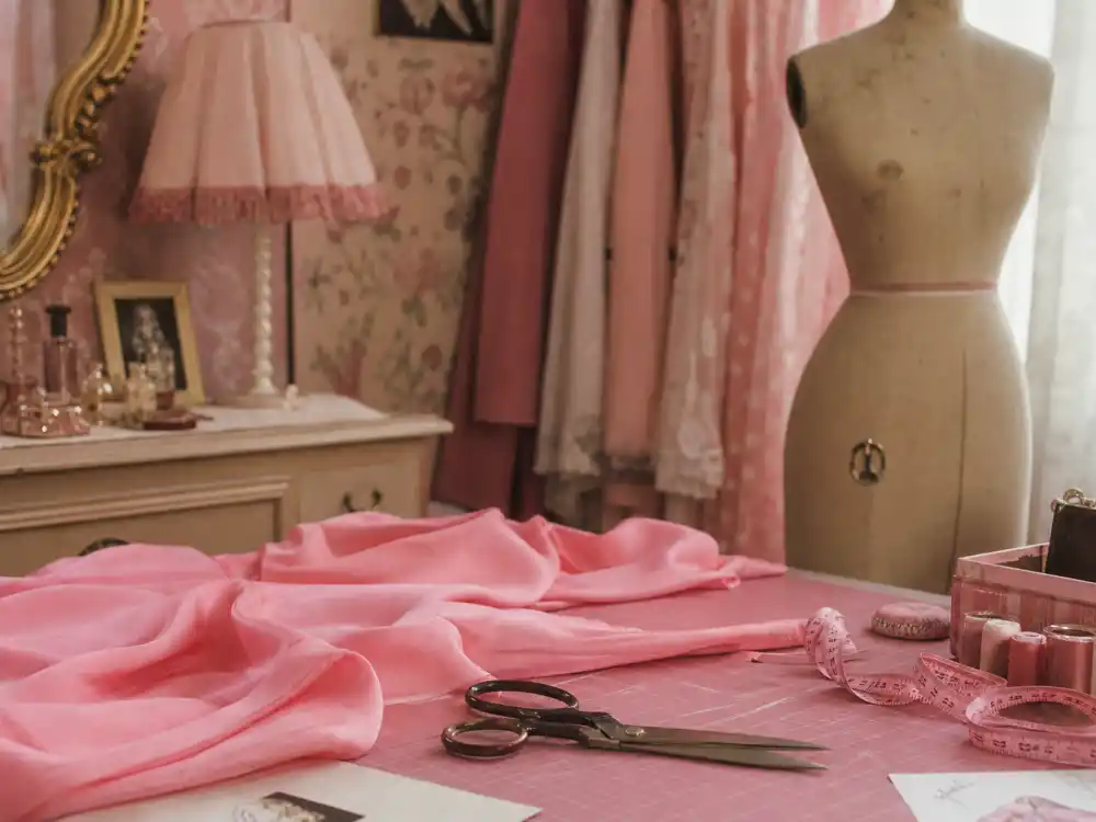 Pink prom fabric on a sewing table for Molly Ringwald Pretty in Pink fashion icon era