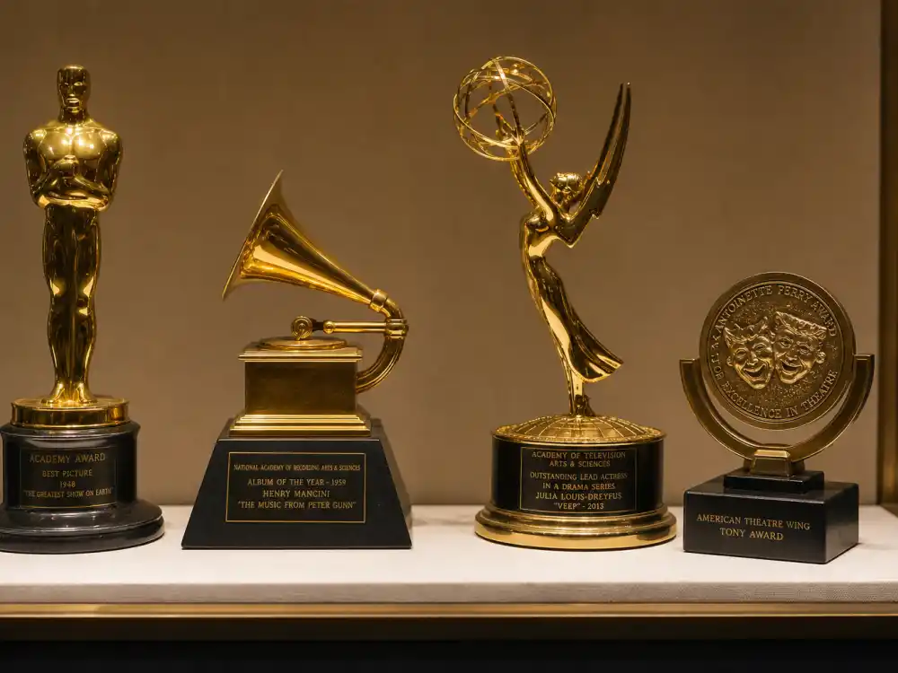 Four entertainment award trophy types together on one shelf representing most awarded celebrities of all time EGOT completers