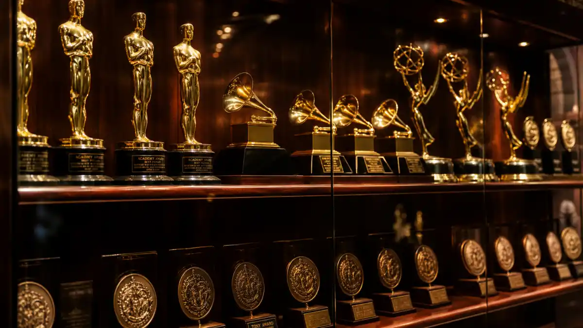 Most awarded celebrities of all time — grand museum trophy case displaying Oscar, Grammy, Emmy, and Tony awards on illuminated mahogany shelves