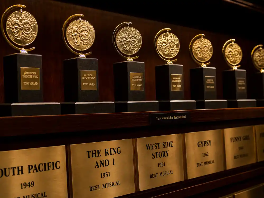 Broadway Tony Award medallions on display for most awarded celebrities of all time theatre trophy totals