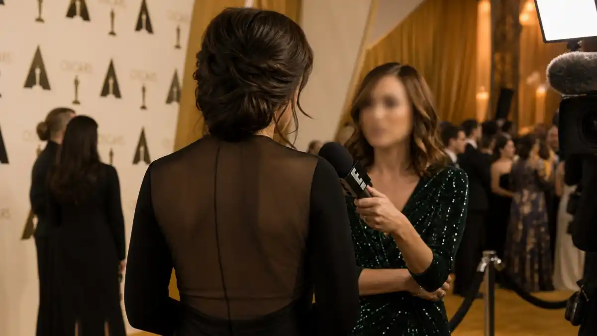 Most awkward award show interviews — red carpet microphone pause between reporter and anonymous nominee at an Oscar-style step-and-repeat ceremony