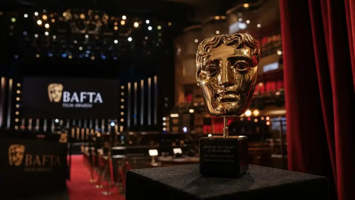 Most BAFTAs won by an actor — golden BAFTA mask trophy on awards ceremony stage at the British Academy Film Awards