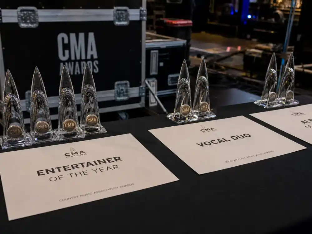 CMA award category nomination cards for most CMA awards won by an artist — Entertainer, Vocal Duo, and Album of the Year fields compared