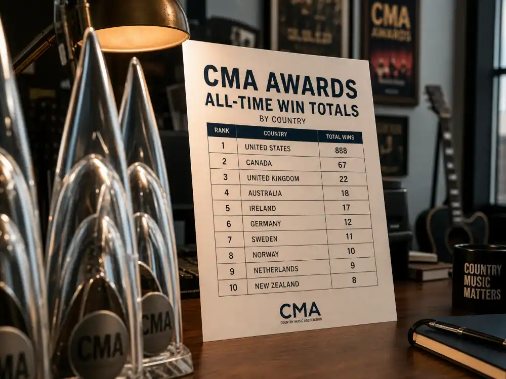 Leaderboard chart tracking the most CMA awards won by an artist with glass country trophies blurred in the foreground