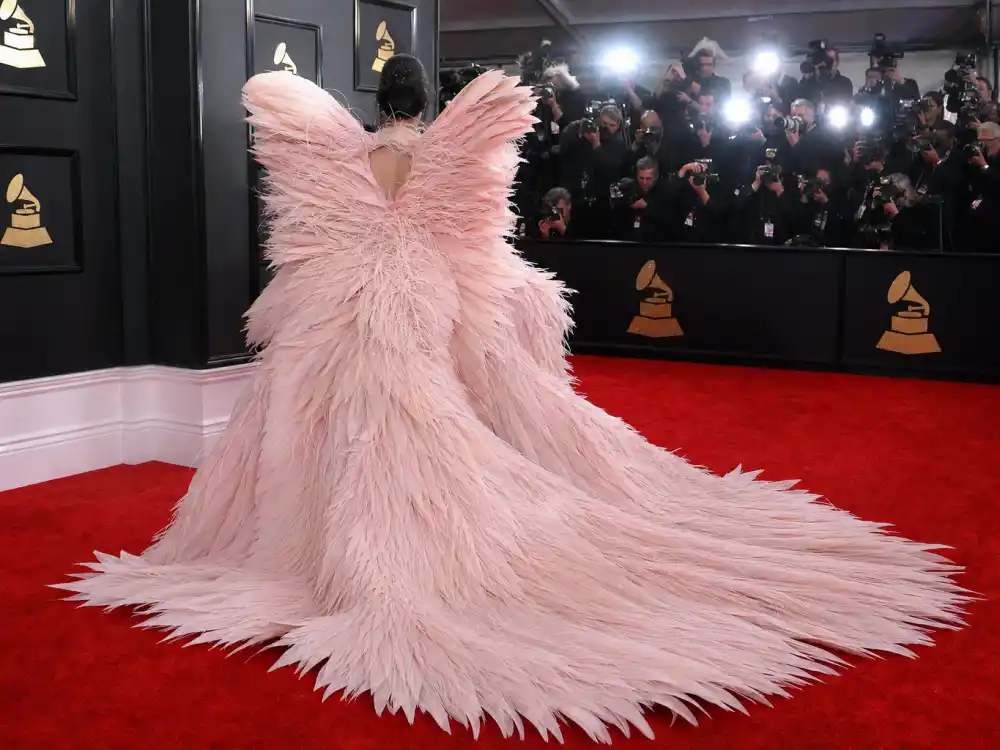 Sculptural pink feathered avant-garde Grammy gown evoking bold pop-star carpet theater in most daring award show outfits ever list