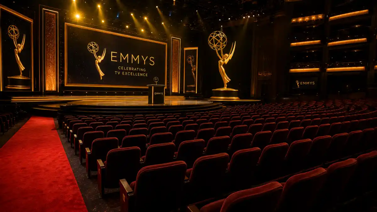Most Emmys won by a TV show — dramatic television awards theatre stage with golden spotlights and generic statuette silhouettes on podium