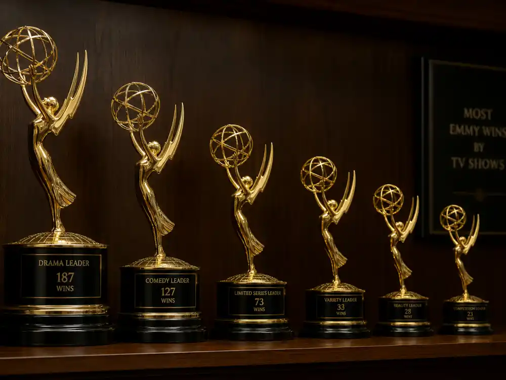 Shelf of generic golden television award statuettes illustrating the most Emmys won by a TV show all-time leaderboard