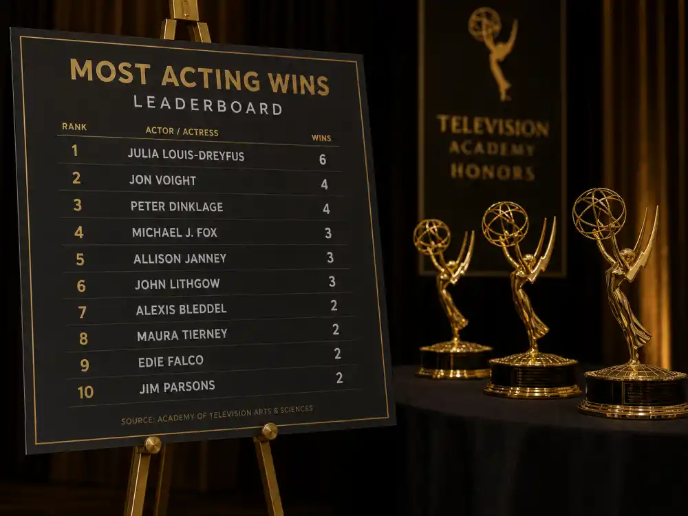 Leaderboard chart beside generic golden TV trophies ranking the most Emmys won by an actor through the 2025 ceremony