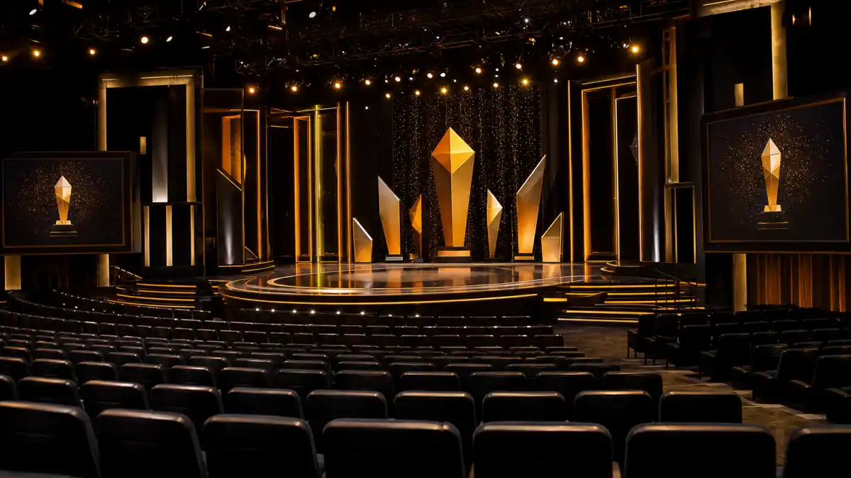 Most Emmys won by an actor — dramatic television awards auditorium stage with golden spotlights and generic statuette silhouettes on podium