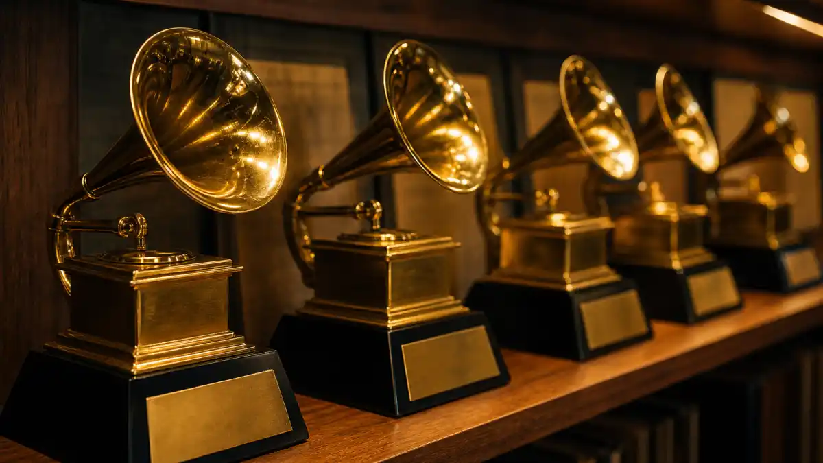 Most Grammy awards won by an artist — shelf lined with generic golden gramophone-style music trophies at a recording industry awards display