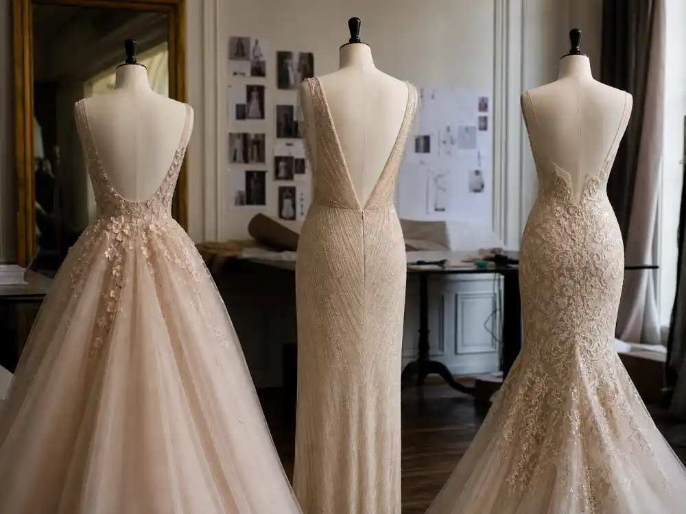 Three evening gown silhouettes on dress forms from behind showing ballgown column and mermaid shapes defining most iconic Met Gala looks ever proportion codes