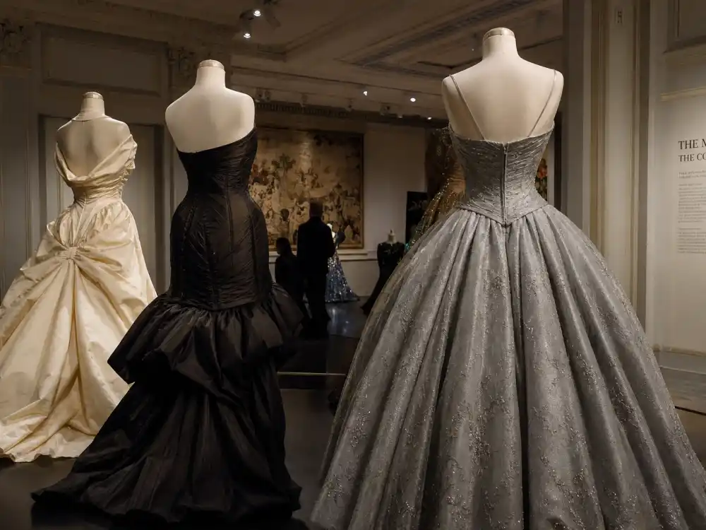 Costume Institute gallery with iconic formal evening gowns on mannequins illustrating most iconic Met Gala looks ever archive history and museum exhibition context
