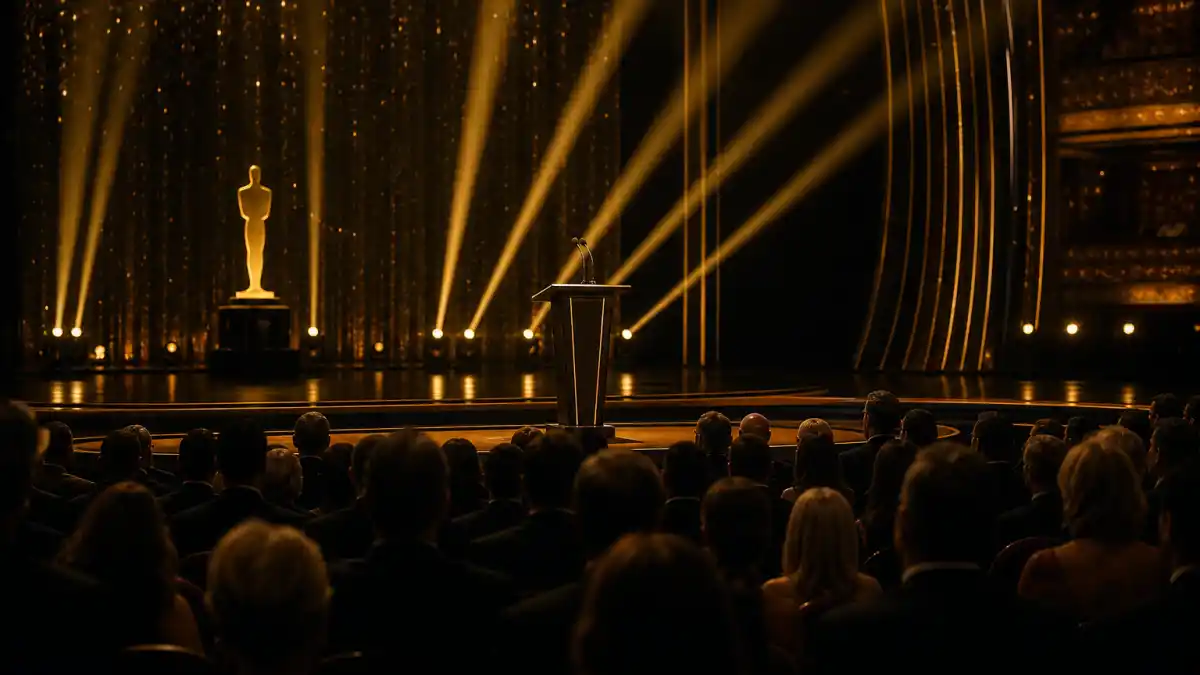 Most iconic Oscar moments of all time — grand awards theatre stage with golden spotlights and audience silhouettes