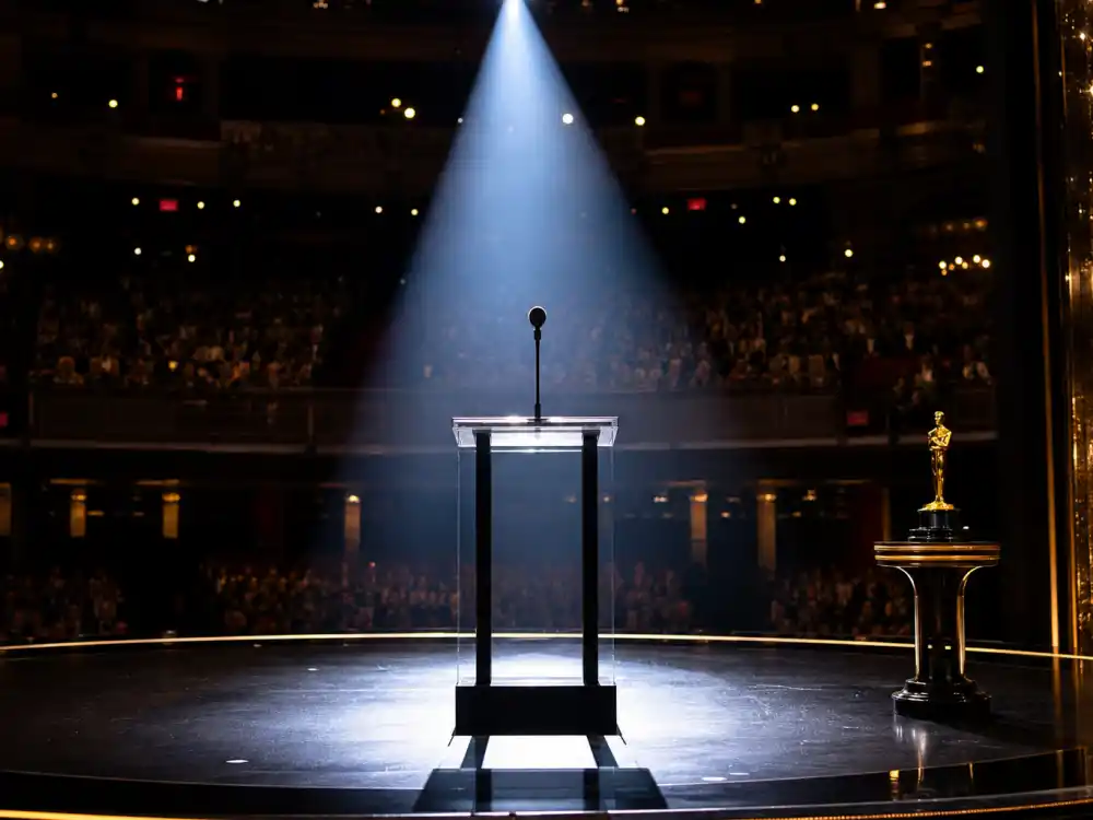 Dramatic awards stage spotlight framing the most iconic Oscar moments of all time at the podium microphone