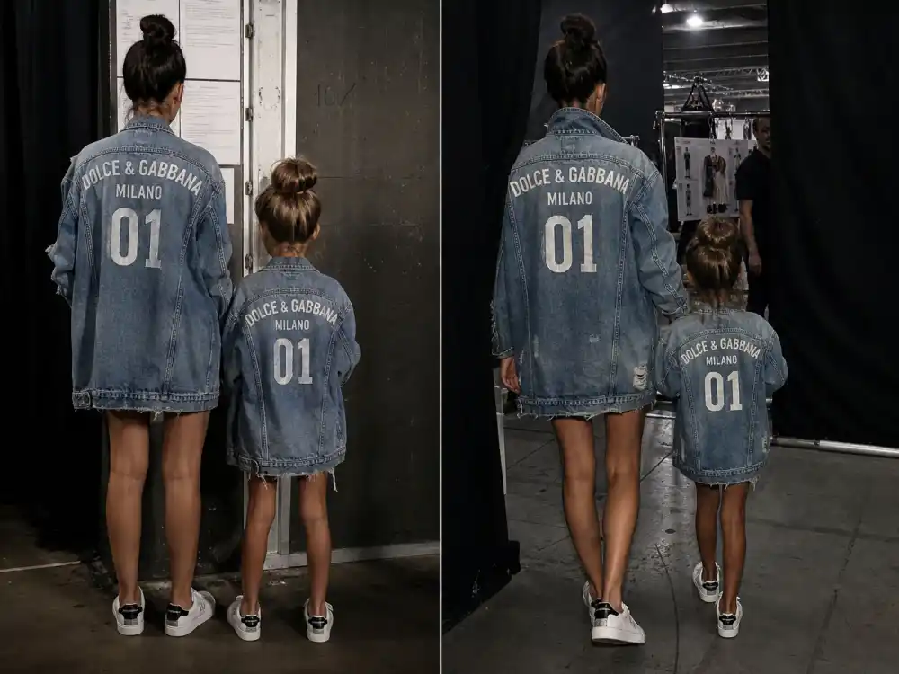 Runway backstage matching denim jacket silhouettes from behind for most identical celebrity parent child pairs Cindy Crawford Kaia Gerber modeling dynasty