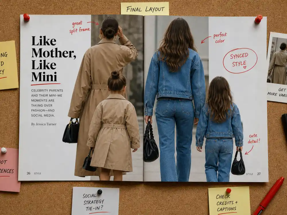 Cork board split-frame silhouette collage with editorial markup for most identical celebrity parent child pairs magazine layout trend without face grids