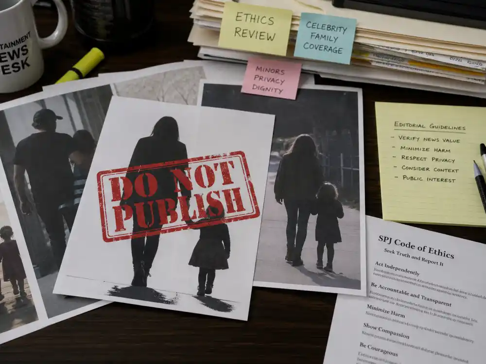 Entertainment editor desk with do not publish stamp on back-view silhouette printouts for most identical celebrity parent child pairs ethics journalism standard