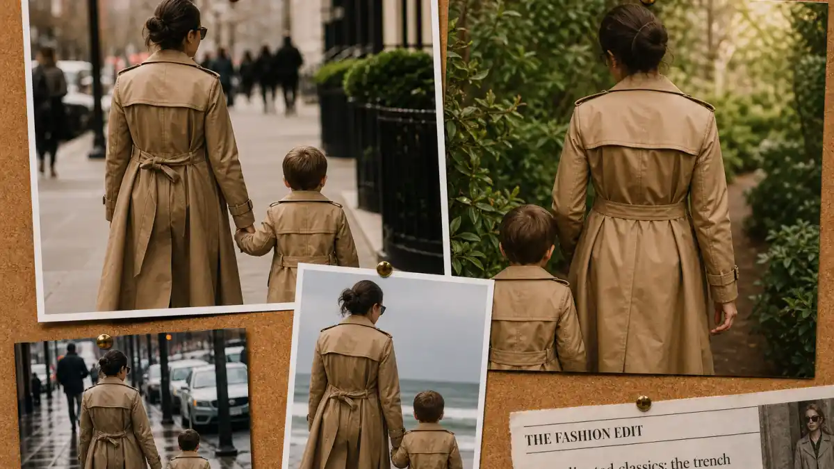 Most identical celebrity parent child pairs — split-frame back-view silhouettes in matching camel trench coats on editorial cork board collage without faces