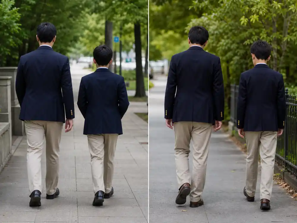 Split-frame back-view silhouettes in matching navy blazers for most identical celebrity parent child pairs Reese Witherspoon Deacon Phillippe verified twinning lane