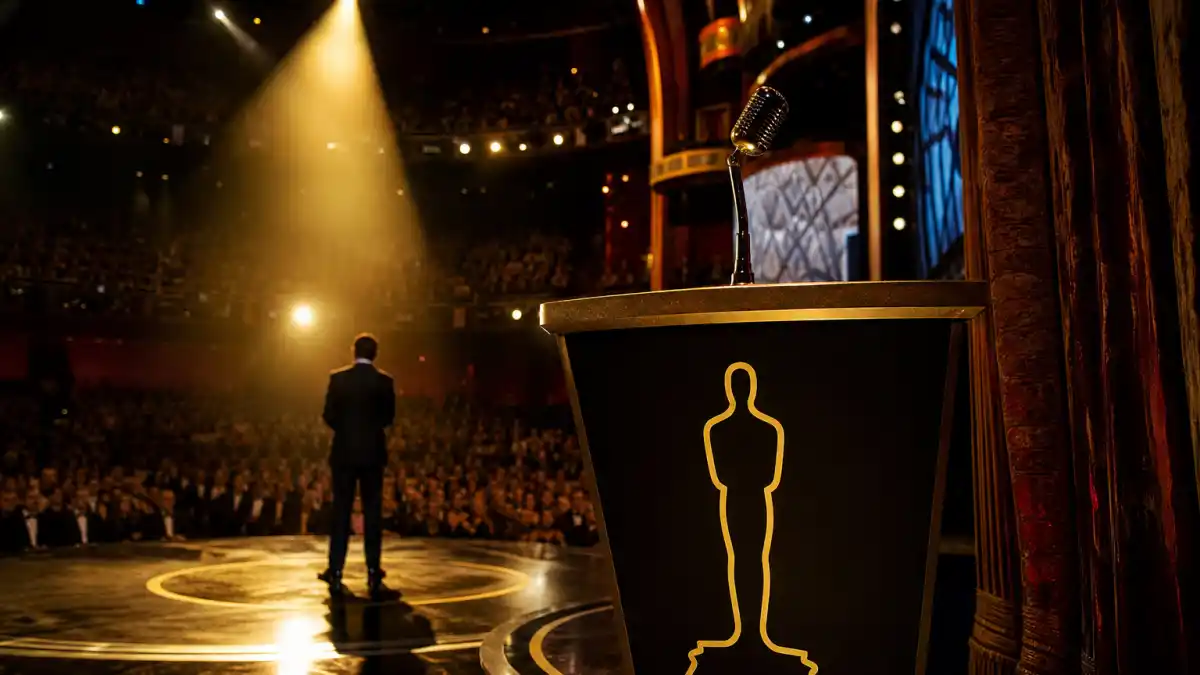 Most memorable acceptance speeches ever — Oscar podium with golden statuette silhouette, vintage microphone, and dramatic Academy Awards spotlight